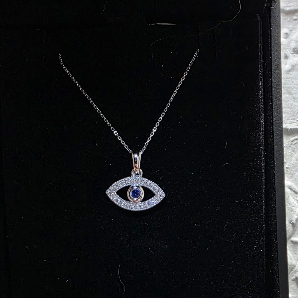 14KT white Gold And Diamond- Blue Stone Eye Pendant Necklace
